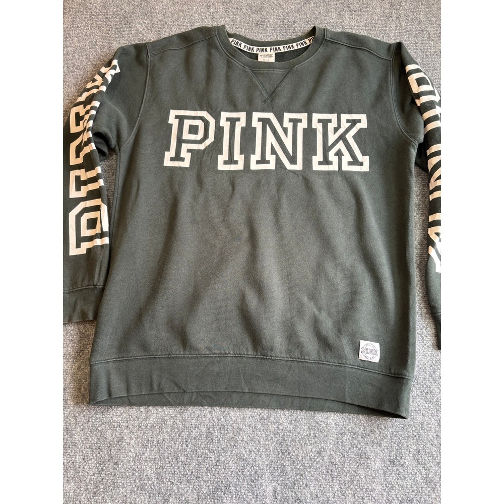 Victoria's Secret PINK Sweatshirt Green Graphic Logo Crewneck Pullover Medium